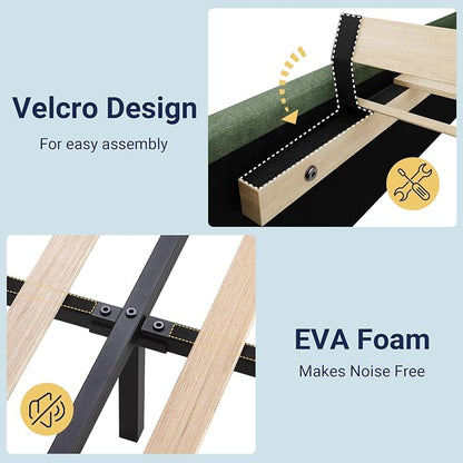 Allewie Twin Size Platform Bed Frame with Fabric Upholstered Headboard and Wooden Slats Support, Fully Upholstered Mattress Foundation/No Box Spring Needed/Easy Assembly, Green