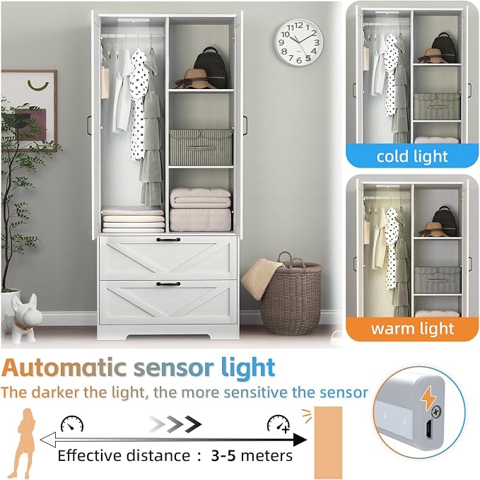 72" Wardrobe Closet with Mirror, Bedroom Armoire with Drawers, Hanging Rod and LED Light, Farmhouse Wooden Clothes Storage Cabinet for Bedroom, Guest Room, Apartment,White