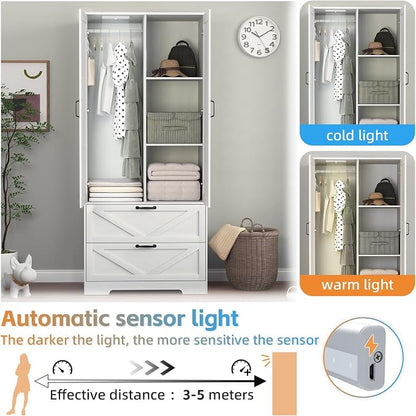 72" Wardrobe Closet with Mirror, Bedroom Armoire with Drawers, Hanging Rod and LED Light, Farmhouse Wooden Clothes Storage Cabinet for Bedroom, Guest Room, Apartment,White
