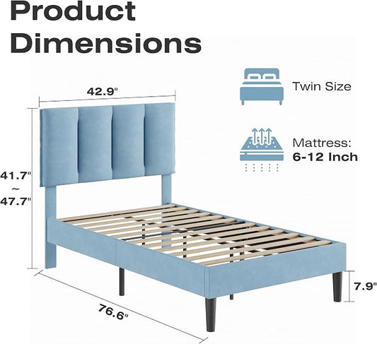 VECELO Twin Size Bed Frame with Upholstered Headboard, Heavy-Duty Bedframe with Wooden Slats & Steel Framework, Easy Assembly, Light Blue