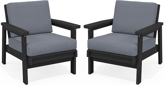 Two outdoor armchairs with dark brown frames and light gray cushions, shown side by side on a white background.