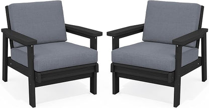 Two outdoor armchairs with dark brown frames and light gray cushions, shown side by side on a white background.
