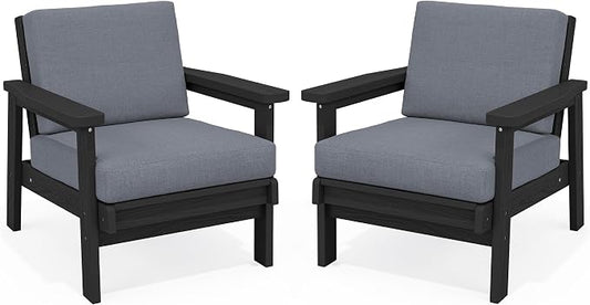 Two outdoor armchairs with dark brown frames and light gray cushions, shown side by side on a white background.