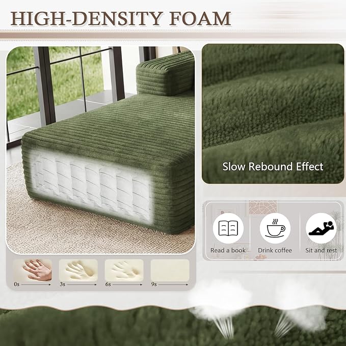 95" Cloud Sectional Couch with L-Shape Chaise, Modular Comfy Sofa Chaise Longue, Upholstered Corduroy Couches Sleeper with Deep Seat for Living Room Bedroom, No Assembly Required(Green, Left Facing)