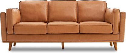 Valencia Artisan Full Leather Sofa 88” - Pure Full Italian Nappa Leather Couch, Solid Wood Accent, Ultimate Comfort, Cognac Tan