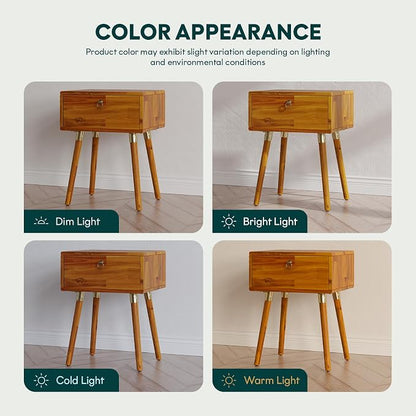 Bme Alden Solid Wood Nightstand/Side Table/End Table, Fully Assembled, with 1-Drawer for Mid Century Bedroom and Living Room, (12mm), Caramel