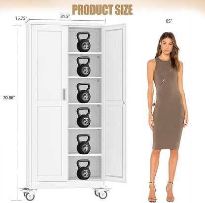75" H Metal Pantry Storage Cabinet with Wheels,Rolling Kitchen Pantry Cabinet with 2 Doors and 5 Adjustable Shelves, Locker Steel Cabinet,Organization Cabinet for Garage,Home,Gym,School,White