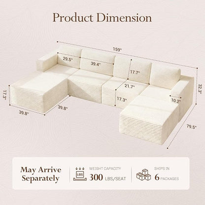 Vesgantti 159" Large Modular Sectional Sofa, U-Shaped Corduroy Cloud Couch with Deep Seats & Spring Support, 4-Seater Boneless Sofa with 2 Movable Ottomans, No Assembly Needed, Beige