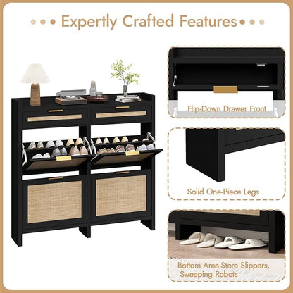 HOKYHOKY Large Rattan Shoe Storage Cabinet with 4 Flip Drawers & 2 Storage Drawers – Hidden Slim Shoe Organizer for Entryway, Large Tabletop Space, Farmhouse Boho Narrow Shoe Rack, Rustic Black