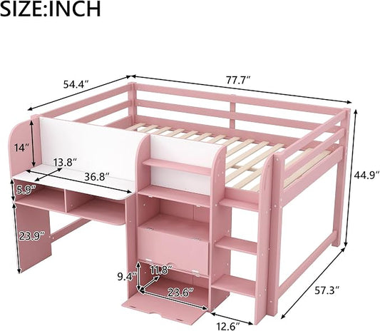 Bellemave Full Size Low loft Bed for Kids,Wood Modern Farmhouse Full Loft Bed with Desk, Storage Cabinets,Bookcase, No Box Spring Needed, Pink