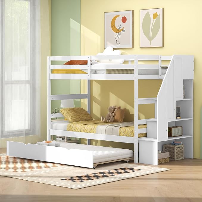 Giantex Bunk Bed Twin Over Twin with Trundle & Storage Stairs, Solid Wood Bunk Bed, Convertible to 2 Beds, Versatile Bunk Beds for Kids Teens Adults,White