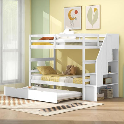 Giantex Bunk Bed Twin Over Twin with Trundle & Storage Stairs, Solid Wood Bunk Bed, Convertible to 2 Beds, Versatile Bunk Beds for Kids Teens Adults,White