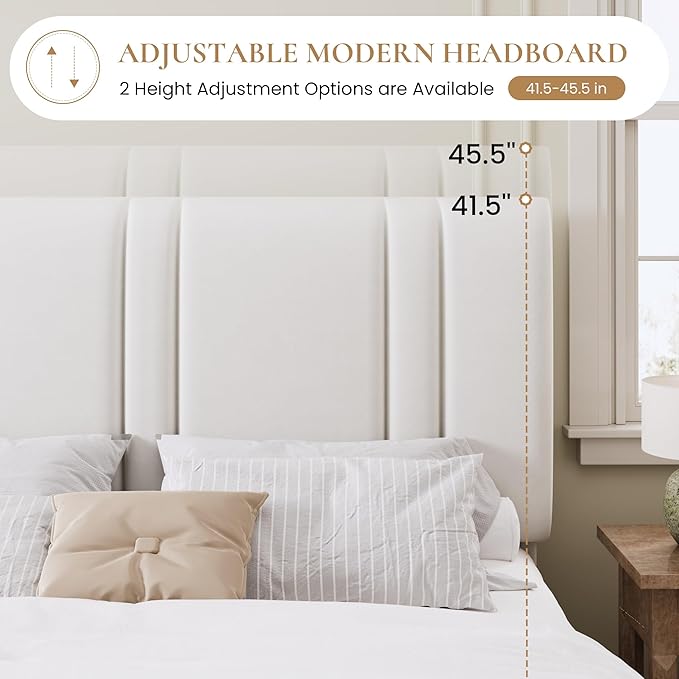 SHA CERLIN Full Size Platform Bed Frame, Velvet Upholstered Bed with Adjustable Headboard, Vertical Channel Tufted Design, Sturdy Wood Slat Support, No Box Spring Needed, Easy Assembly, White
