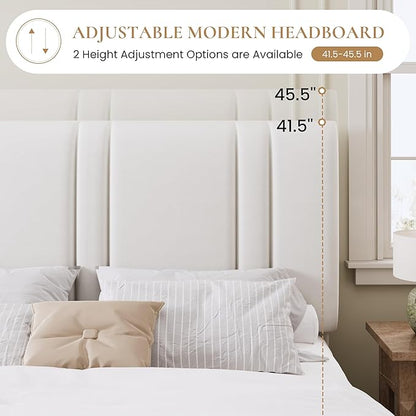 SHA CERLIN Full Size Platform Bed Frame, Velvet Upholstered Bed with Adjustable Headboard, Vertical Channel Tufted Design, Sturdy Wood Slat Support, No Box Spring Needed, Easy Assembly, White