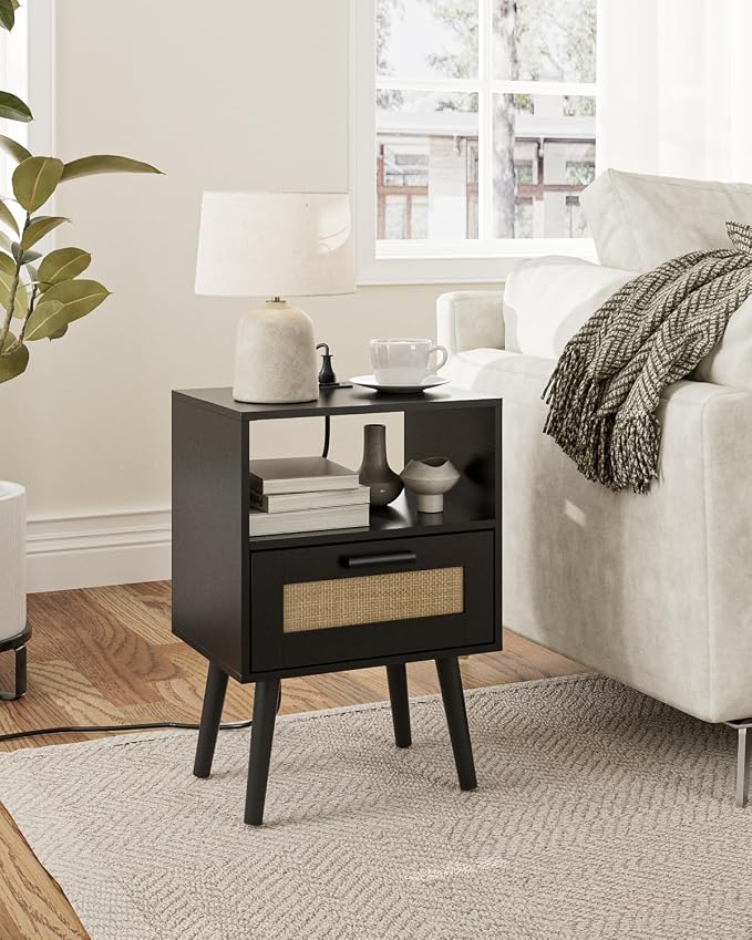 Aienvey Bedroom Nightstands Wooden Night Stands with Rattan Weaving Drawer Home Bedside End Table for Bedroom Storage (Modern-Black)