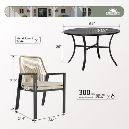 SUNSHINE VALLEY 7 Pieces Patio Dining Set, 6 x Woven Rattan Chairs with Waterproof Cushion, 54” Metal Round Dining Table with Umbrella Hole, Outdoor Table and Chairs Set for Backyard Lawn and Deck