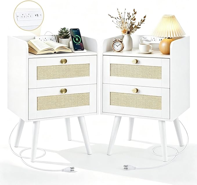 Nightstands Set of 2 with Charging Station, Modern Boho Rattan Bedside Tables with 2 Drawers,Open Storage End Tables for Bedroom, Small Spaces and Dorm, Solid Wood Legs,White