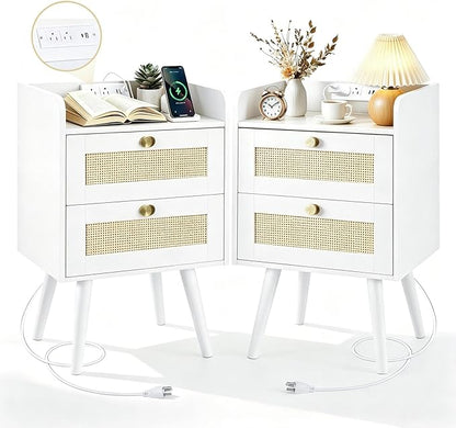 Nightstands Set of 2 with Charging Station, Modern Boho Rattan Bedside Tables with 2 Drawers,Open Storage End Tables for Bedroom, Small Spaces and Dorm, Solid Wood Legs,White