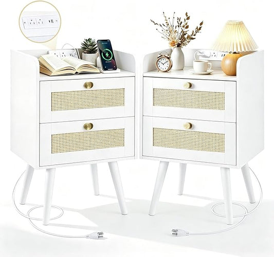 Nightstands Set of 2 with Charging Station, Modern Boho Rattan Bedside Tables with 2 Drawers,Open Storage End Tables for Bedroom, Small Spaces and Dorm, Solid Wood Legs,White