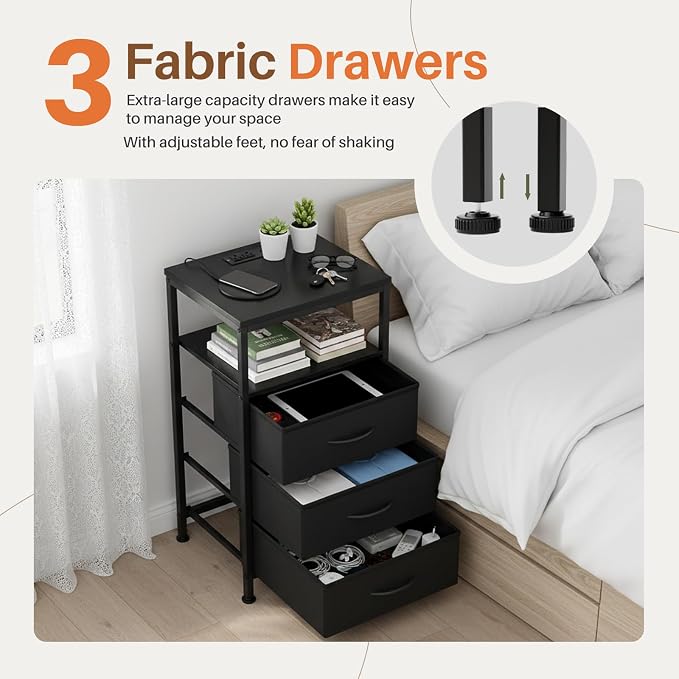 Sweetcrispy Nightstand with Charging Station, Bedside End Table with 3 Fabric Drawers, USB & Type-C Ports with AC Outlets, Adjustable Feet & Dimmable LED Light Strip, Modern Bedroom Furniture, Black