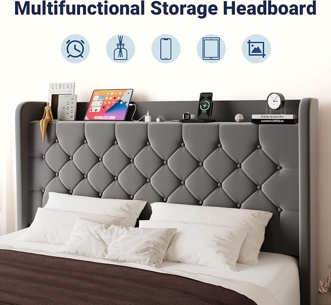 Allewie Queen Size Bed Frame, Storage Headboard with Charging Station, Wingback Velvet Upholstered, Diamond Stitched Button Tufted, Sturdy Wooden Slats, No Box Spring Needed, Easy Assembly, Grey