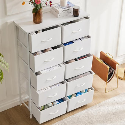 DUMOS 10 Drawer Dresser for Bedroom, Storage Organizer Chest of Drawers | Wide Fabric Closet Organizer Tower Furniture with Wooden Top Metal Frame, Dorm, White
