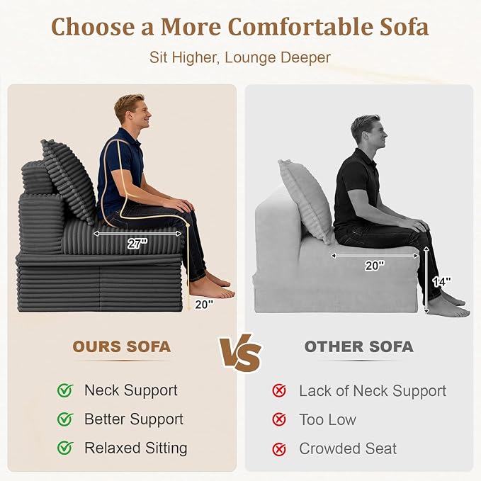 Upgrade Boneless Couch with Storage, Extra Deep&High Seat Modular Sectional Sofa 3 Seater L Shaped Cloud Couch with Ottoman, Tool-Free Assembly Sectional Couches for Living Room, Dark Grey