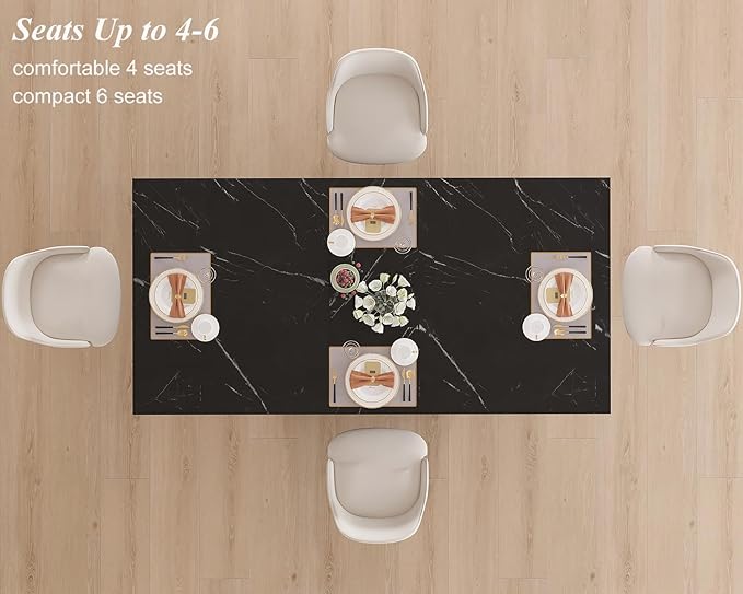 HSH 55 inch Dining Room Table for 4, Modern Black Faux Marble Dining Table, Rectangle Kitchen Table with Heavy Duty Pedestal, Industrial Wood Dinner Desk for Home Living Room, Black Marble, 55 Inch