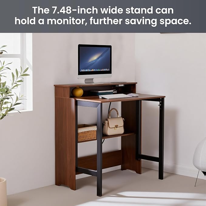 Fold Out Desk with Power Outlets, Small Foldable Table with Storage Shelf,Space-Saving Hidden Desk for Bedroom, Living Room & Office (Walnut)