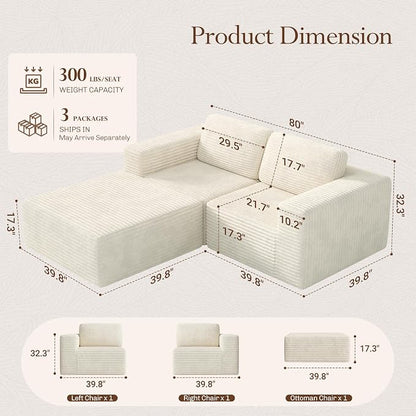 Vesgantti 80" Modular Sectional Sofa, Corduroy Cloud Couch with Deep Seats & Spring Support, Compact 2 Seater Boneless Couch, L-Shaped Modular Sofa for Small Spaces, Apartments, No Assembly, Beige