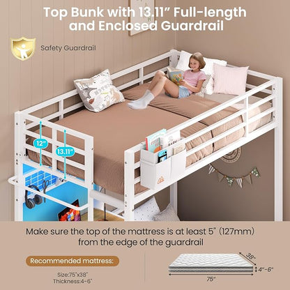 DICTAC Twin Over Twin Bunk Bed with Desk,Led Lights and Charging Station Metal L-Shaped Bunk Beds with Storage Drawers and Shelves, Loft Bed with Safety Guardrail and Ladder for Kids and Teen,White
