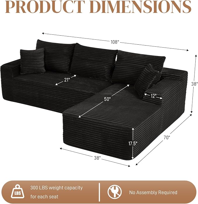 108" L Shaped Cloud Boneless Sectional Couches for Living Room, Modern Comfy Modular Deep Seat Memory Foam Compressed Corduroy Sofa Oversized Right Facing Chaise, No Assembly Required, Balck