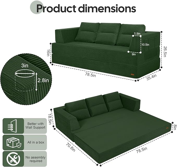 COMAX Futon Sofa Bed, Convertible Sofa Bed, Folding Boneless Couches | Boneless Couch for living room, Fold Out Small Foldable Loveseat Floor Sleeper Mattress Lounge Space‑Saving, Queen 79"