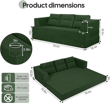 COMAX Futon Sofa Bed, Convertible Sofa Bed, Folding Boneless Couches | Boneless Couch for living room, Fold Out Small Foldable Loveseat Floor Sleeper Mattress Lounge Space‑Saving, Queen 79"