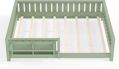 Bellemave Queen Size Floor Bed with high Rails and with Built-in Bookshelf for Kids, Girls, Boys, Wood Montessori Floor Bed Without Door, Avocado Green