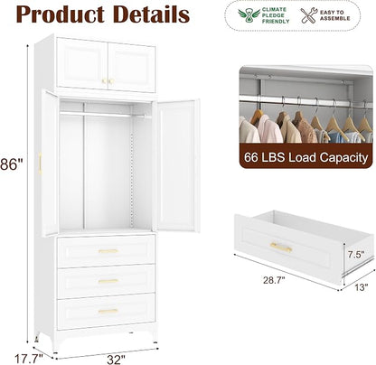 SteeLoong 86" Metal Armoire Wardrobe Closet with 3 Drawers,Tall Clothing Storage Cabinet with Adjustable Shelves and Hanging Rod,White Wardrobe Closet for Bedroom,Home,Bathroom,Gym