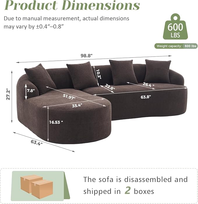 99" Curved Sofa with L-Shape Chaise,Modern Cloud Curved Couch with Deep Seat,No Assembly Required,Upholstered Oversized Couches for Living Room,Apartment (Brown, 99Inch)