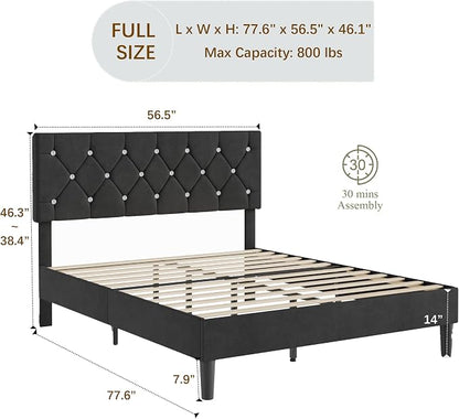 VECELO Full Size Bed Frame with Diamond Tufted Headboard, Upholstered Platform Bedframe with Wood Slat Support, No Box Spring Needed, Velvet & Black