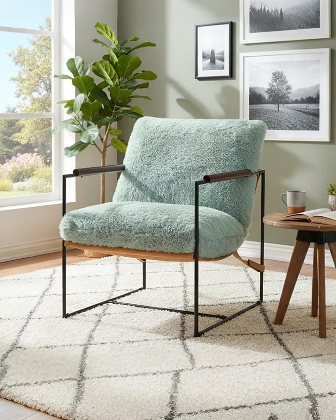 Karl home Modern Metal Frame Accent Chair, Teal | Plush Fleece Upholstered, Wood Padded Armrest, 28" Seat Width, Comfy Lounge Armchair for Living Room, Bedroom, Apartment