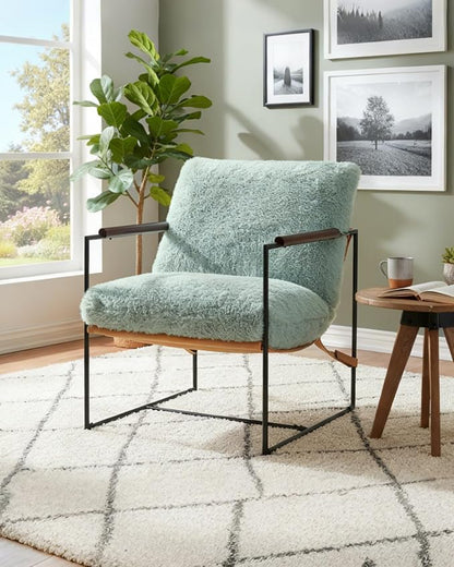 Karl home Modern Metal Frame Accent Chair, Teal | Plush Fleece Upholstered, Wood Padded Armrest, 28" Seat Width, Comfy Lounge Armchair for Living Room, Bedroom, Apartment