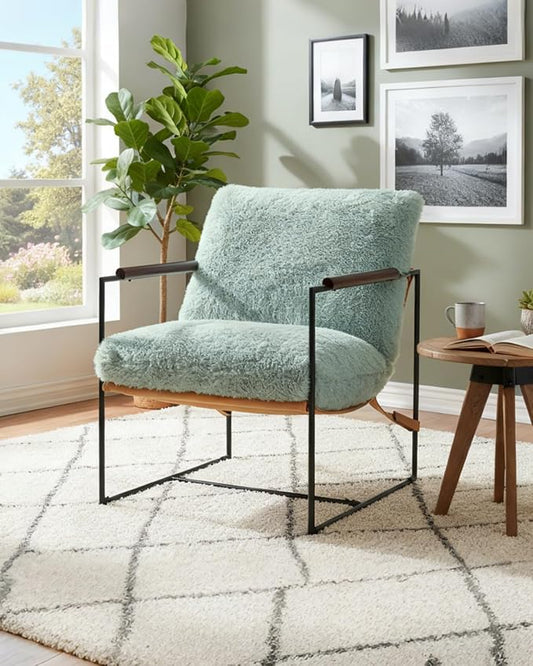 Karl home Modern Metal Frame Accent Chair, Teal | Plush Fleece Upholstered, Wood Padded Armrest, 28" Seat Width, Comfy Lounge Armchair for Living Room, Bedroom, Apartment