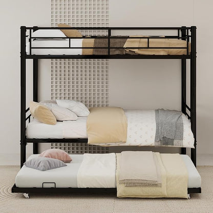 3-Way Convertible Twin over Twin Bunk Bed with Trundle, Metal Low Bunkbed for Kids Boys Girls, Guardrail & Ladders, Heavy Duty, No Box Spring Needed, Space-Saving, Easy Assembly (Black, With Trundle)
