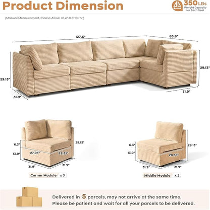 ovios Modular Sectional Sofa Couch with V-Shape Chaise Convertible, Comfy Plush Corduroy Cloud Couches, Modern Luxury Deep Seat Sofas Set for Living Room, 5-Seater, Beige