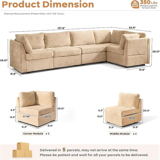 ovios Modular Sectional Sofa Couch with V-Shape Chaise Convertible, Comfy Plush Corduroy Cloud Couches, Modern Luxury Deep Seat Sofas Set for Living Room, 5-Seater, Beige