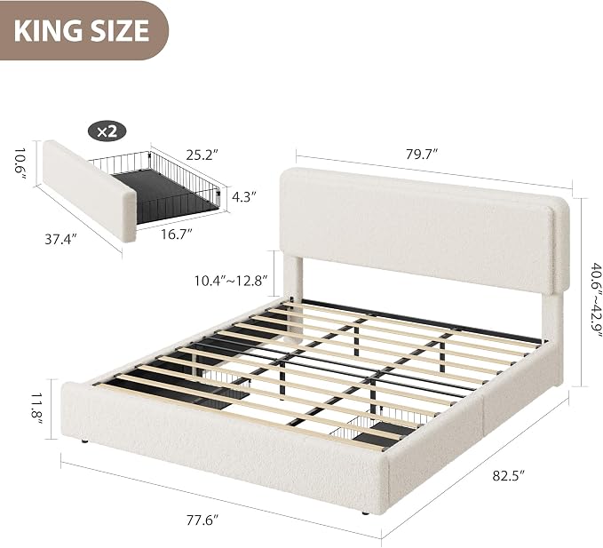 GarveeHome Bed Frame with 2 Storage Drawer, Teddy Fleece Thick Upholstered Platform Bed Frame with Adjustable Headboard, No Box Spring Needed, Cream Beige, King