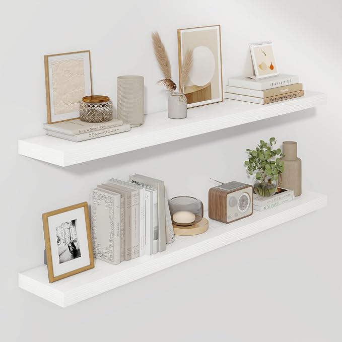 Fun Memories 55 Inch Floating Shelves for Wall, Fireplace Mantel Shelf with Invisible Heavy Duty Bracket, 8 Inch Deep Storage Shelf for Living Room, Kitchen, Farmhouse, White (2-Pack)