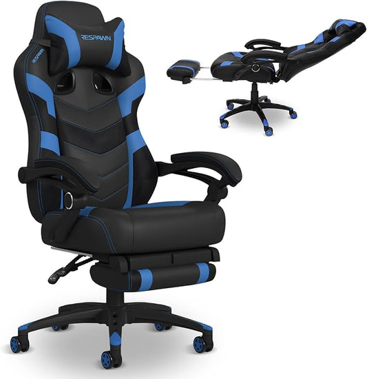 RESPAWN 110 Pro Ergonomic Gaming Chair with Footrest for Adults - Comfortable Office Gaming Recliner with Lumbar Support and Headrest, Racing Style Video Game Chairs for Computer Gamer - Blue