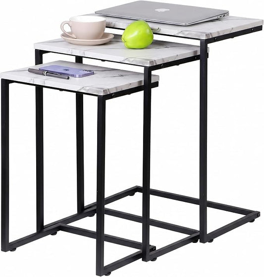 SUPER DEAL Nesting Tables Set of 3, Industrial C Shaped End Table Stackable Coffee Table Heavy Duty Metal Frame for Small Space, Living Room, Bedroom, Side Table Tray for Laptop Snack, White