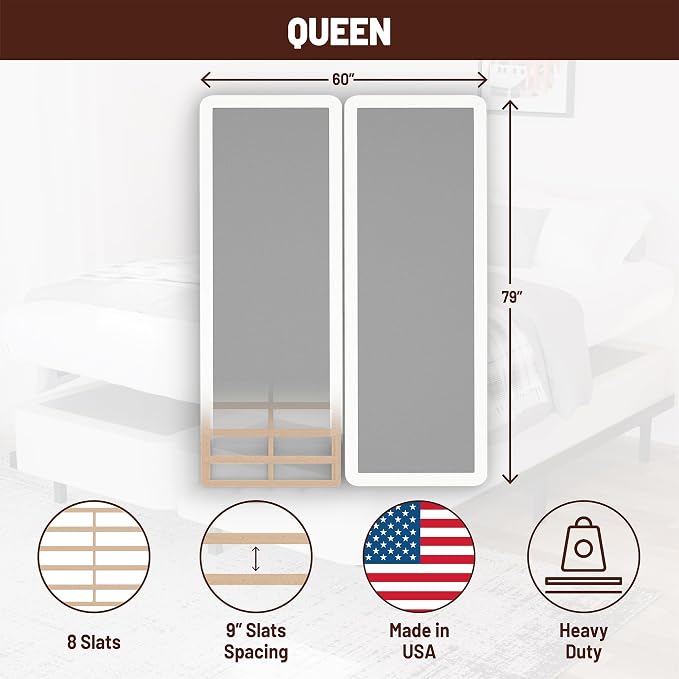 Treaton, Box Spring Bed Base Queen Size, 8-Inch Wood Mattress Foundation – Amish Made in USA – Quiet Noise Free, 2-Pieces Under Mattress-Support BoxSpring, Fully Assembled, White