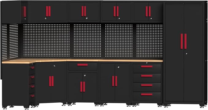Garage Storage Cabinet System,16PCS Garage Cabinets and Storage System Corner Workshop Set with Corner Cabinet, Cabinet Drawers, Workbench, Pegboard for Tool Organization, Black Red